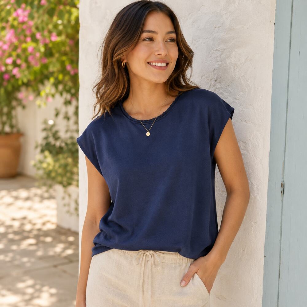 Melissa Nepton SZ XS Bridget Rayon Navy Blue Cap Sleeve Blouse Neck Fringe